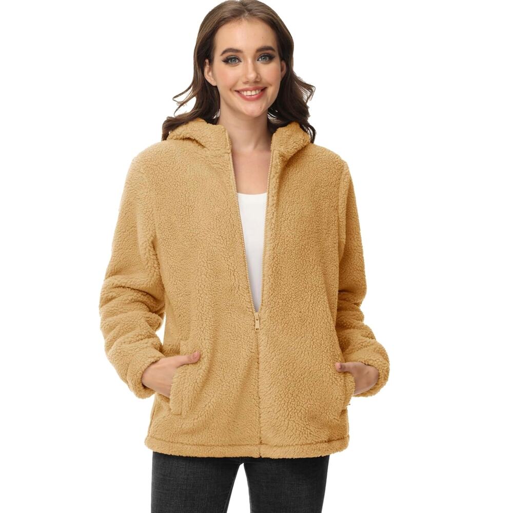 MagcoMsen Fleece Jacket‎ Full Zip Tan Hooded Sherpa Fuzzy Sz S Women's